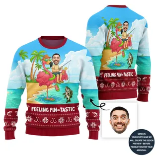 Feeling Fin-tastic Custom Face Fisherman Ugly Xmas Sweater