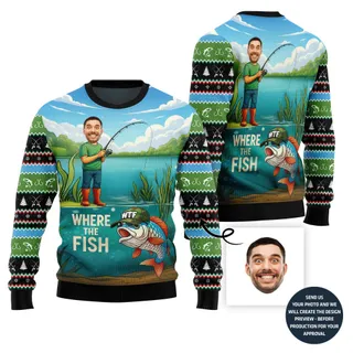 Inappropriate Customized Face Fishing Ugly Xmas Sweater