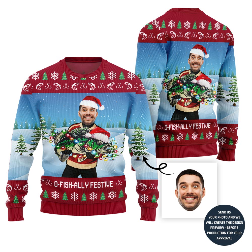 Sparkling Fishing Custom Face Ugly Xmas Sweater