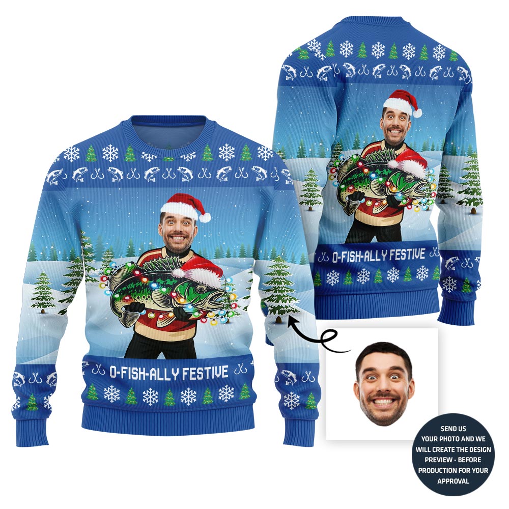 Sparkling Fishing Custom Face Ugly Xmas Sweater - variant image 1