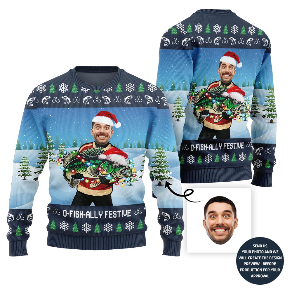Sparkling Fishing Custom Face Ugly Xmas Sweater