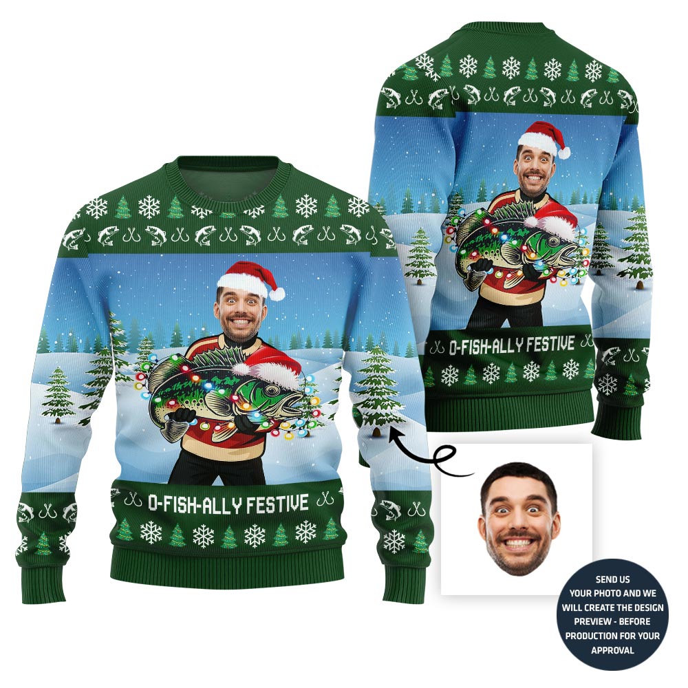 Sparkling Fishing Custom Face Ugly Xmas Sweater