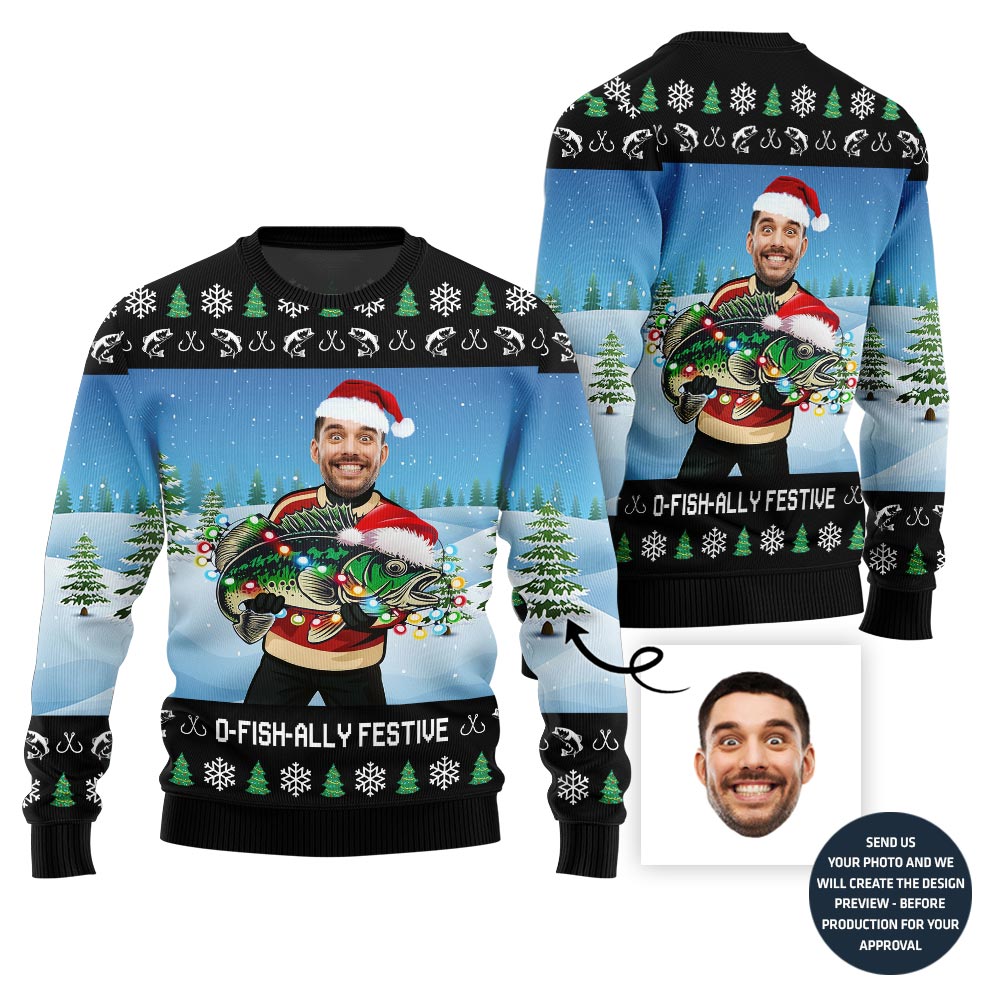 Sparkling Fishing Custom Face Ugly Xmas Sweater