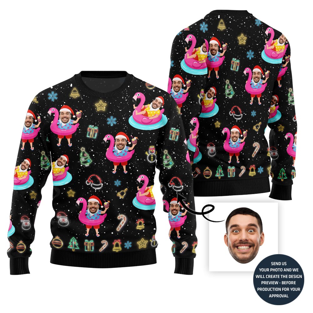 Bold Custom Face Flamingo Ugly Xmas Sweater