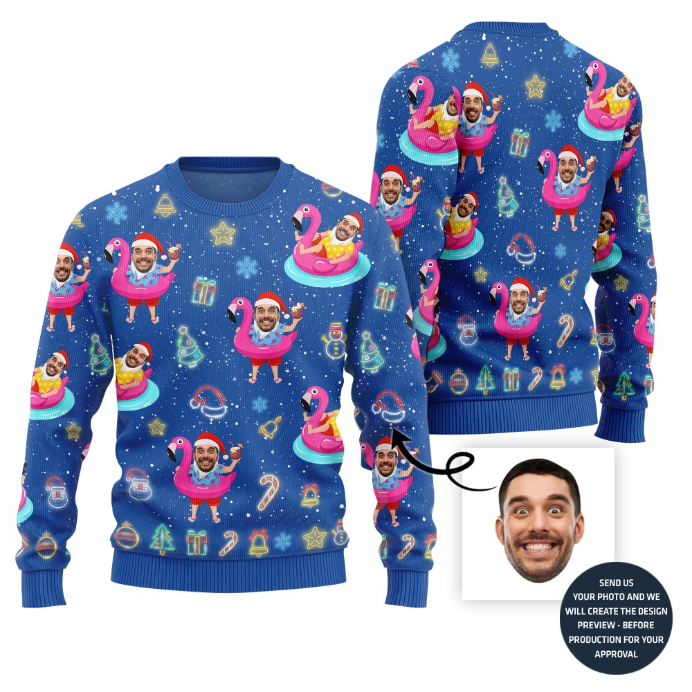Bold Custom Face Flamingo Ugly Xmas Sweater - variant image 1