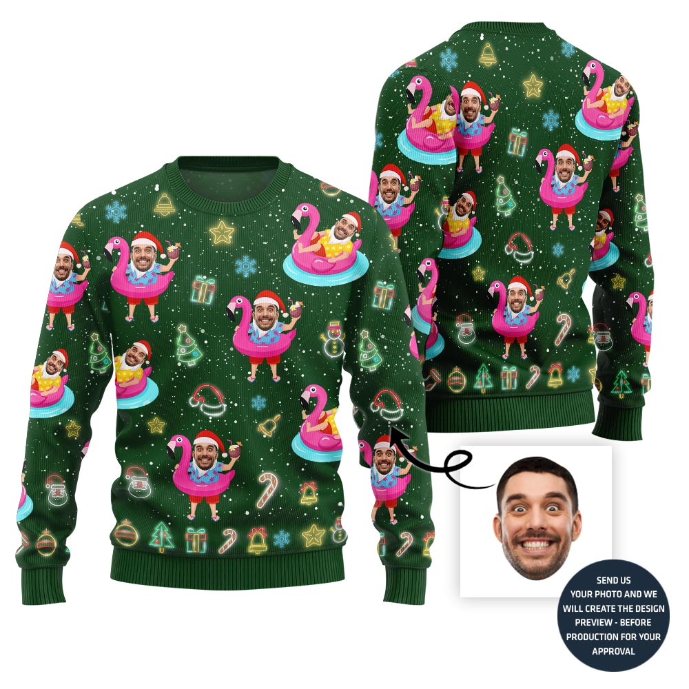 Bold Custom Face Flamingo Ugly Xmas Sweater