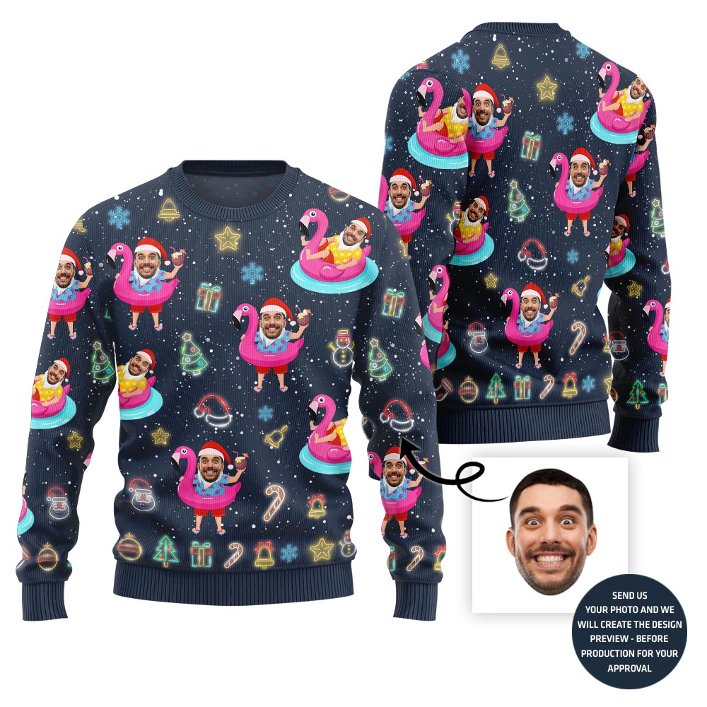 Bold Custom Face Flamingo Ugly Xmas Sweater