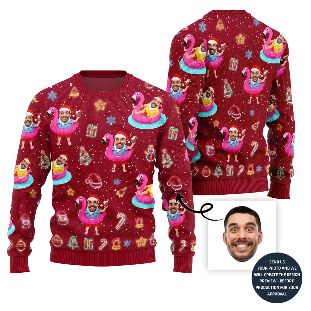 Bold Custom Face Flamingo Ugly Xmas Sweater