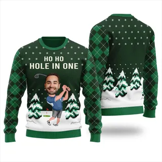 Custom Face Golf Player Ho Ho Hole In One Custom Christmas Sweaters