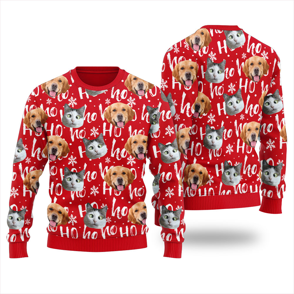 Custom Pet Face Ugly Christmas Sweater Cardinal Red - variant image 1