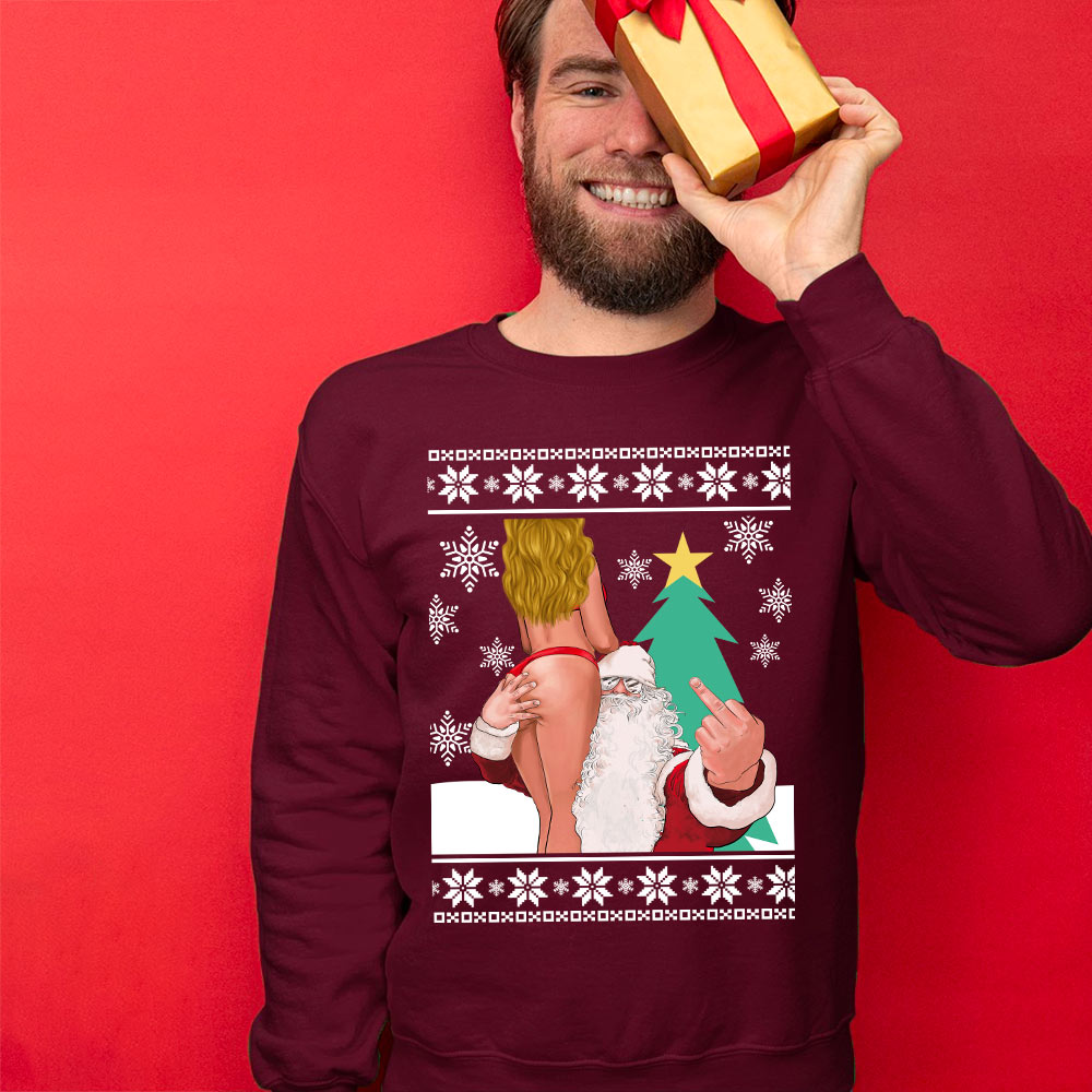 Santa With Sexy Girl Naughty Christmas Sweater Men
