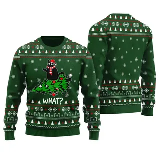 Humorous Black Cat Holiday Sweater Forest Green