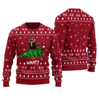 Cute Black Cat Ugly Sweater Cardinal Red