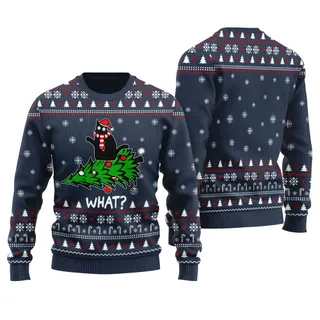 Unique Black Cat Ugly Christmas Sweater Navy