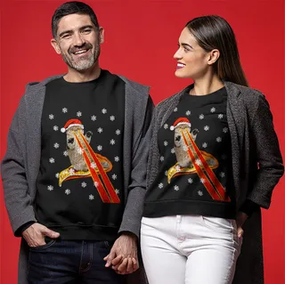 Funny Pizza Cat With Laser Eyes Ugly Sweater For Couple