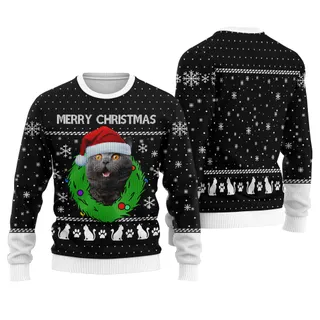Merry Christmas Custom Cat Ugly Christmas Sweater Black