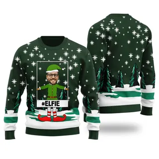 Funny Elfie Custom Christmas Sweater Forest Green