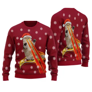 Funny Pizza Cat With Laser Eyes Ugly Sweater Cardinal Red