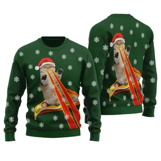 Funny Pizza Cat With Laser Eyes Ugly Sweater Forest Green