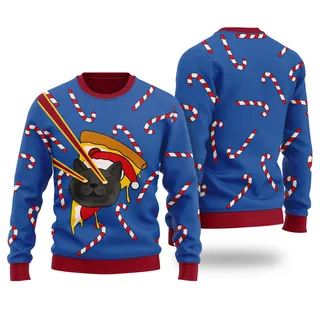 Funny Pizza Cat With Laser Eyes Christmas Sweater Royal