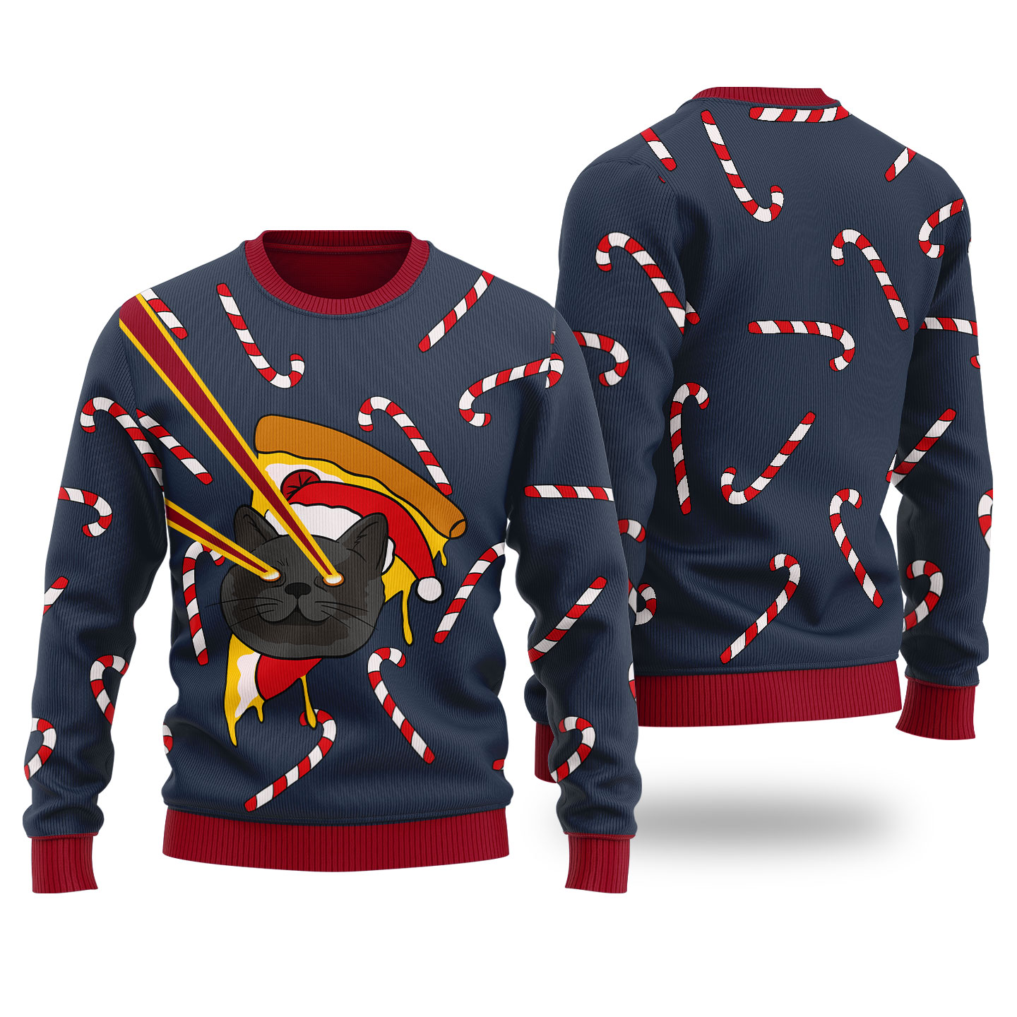 Funny Pizza Cat With Laser Eyes Christmas Sweater Navy