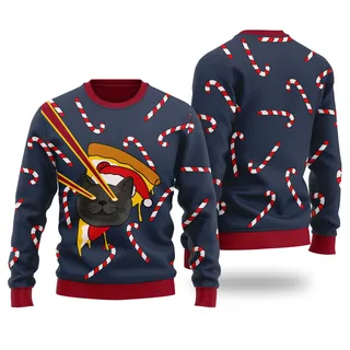 Funny Pizza Cat With Laser Eyes Christmas Sweater Navy