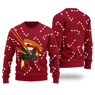 Funny Pizza Cat With Laser Eyes Christmas Sweater Cardinal Red