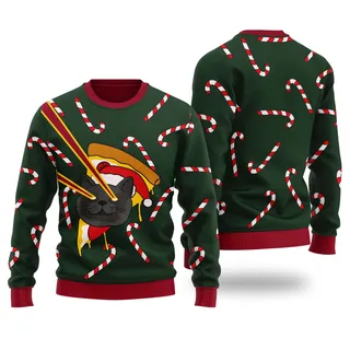 Funny Pizza Cat With Laser Eyes Christmas Sweater Forest Green
