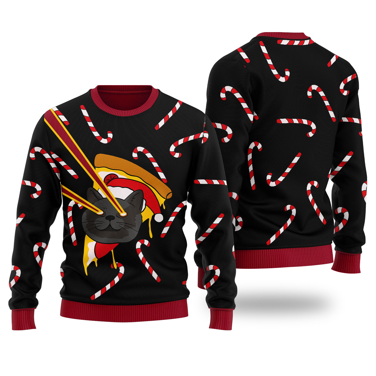 Funny Pizza Cat With Laser Eyes Christmas Sweater Black