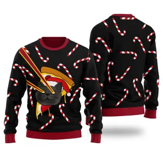 Funny Pizza Cat With Laser Eyes Christmas Sweater Black