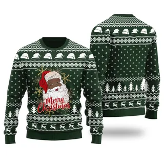 African American Santa Claus Forest Green Ugly Christmas Sweater