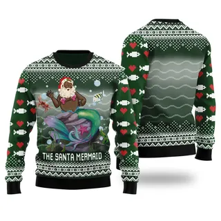 African American Santa Claus Mermaid Forest Green Ugly Christmas Sweater