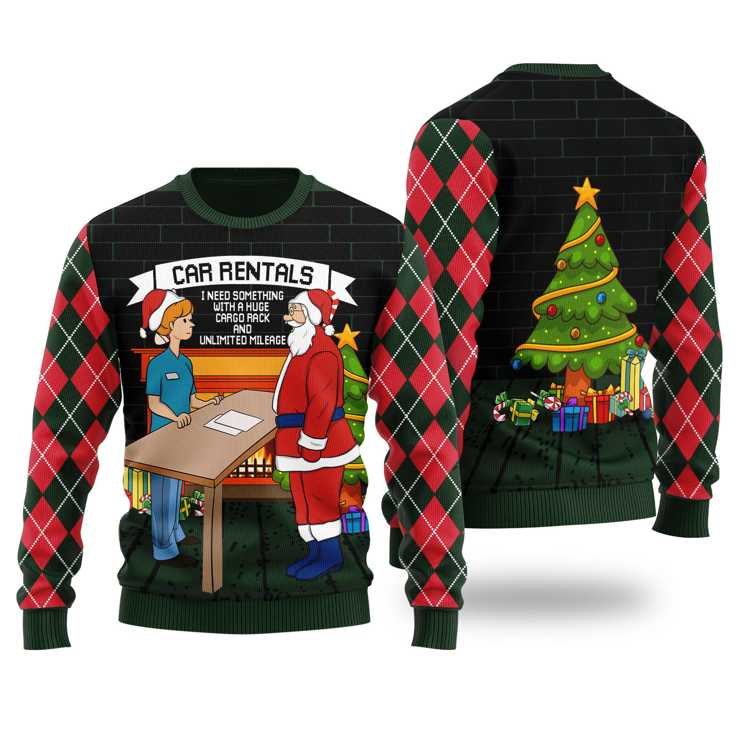 Funny Santa Car Rentals Ugly Christmas Sweater Forest Green - variant image 1