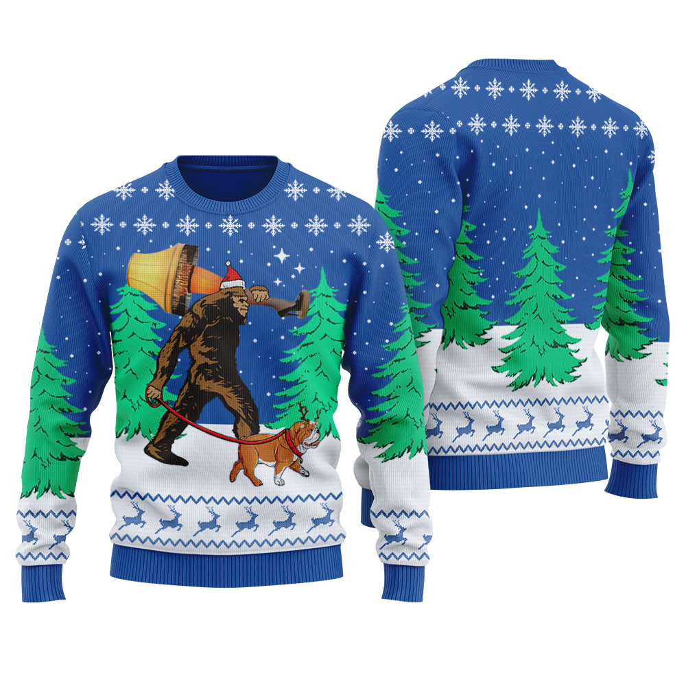 Bigfoot Walking Bulldog Ugly Christmas Sweater Royal - variant image 1