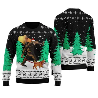 Bigfoot Walking Bulldog Ugly Christmas Sweater Black
