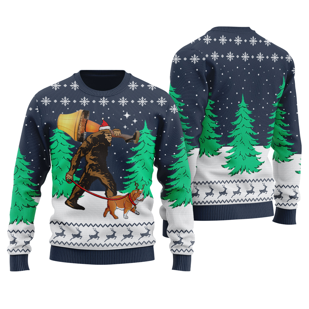 Bigfoot Walking Bulldog Ugly Christmas Sweater Royal