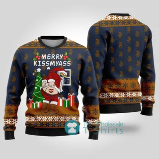 Merry Kissmyass Dirty LGBT Santa Sweater Navy