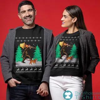 Bigfoot Walking Bulldog Ugly Christmas Sweater