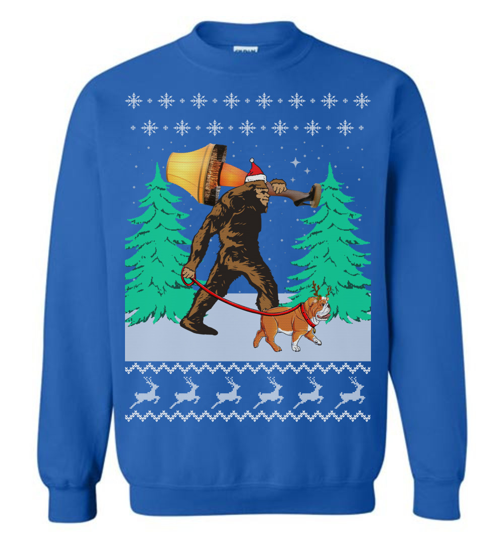 Bigfoot Walking Bulldog Ugly Christmas Sweater - variant image 1