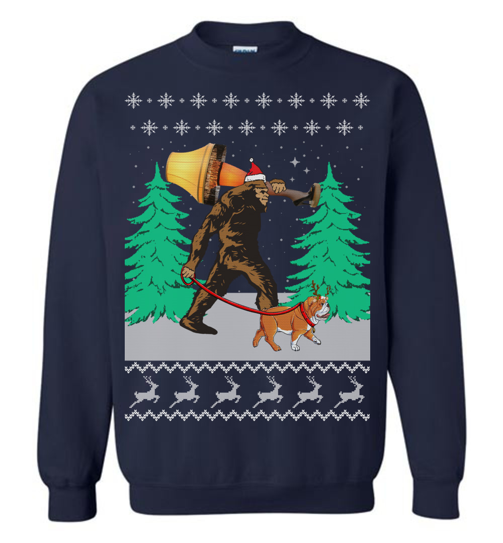Bigfoot Walking Bulldog Ugly Christmas Sweater