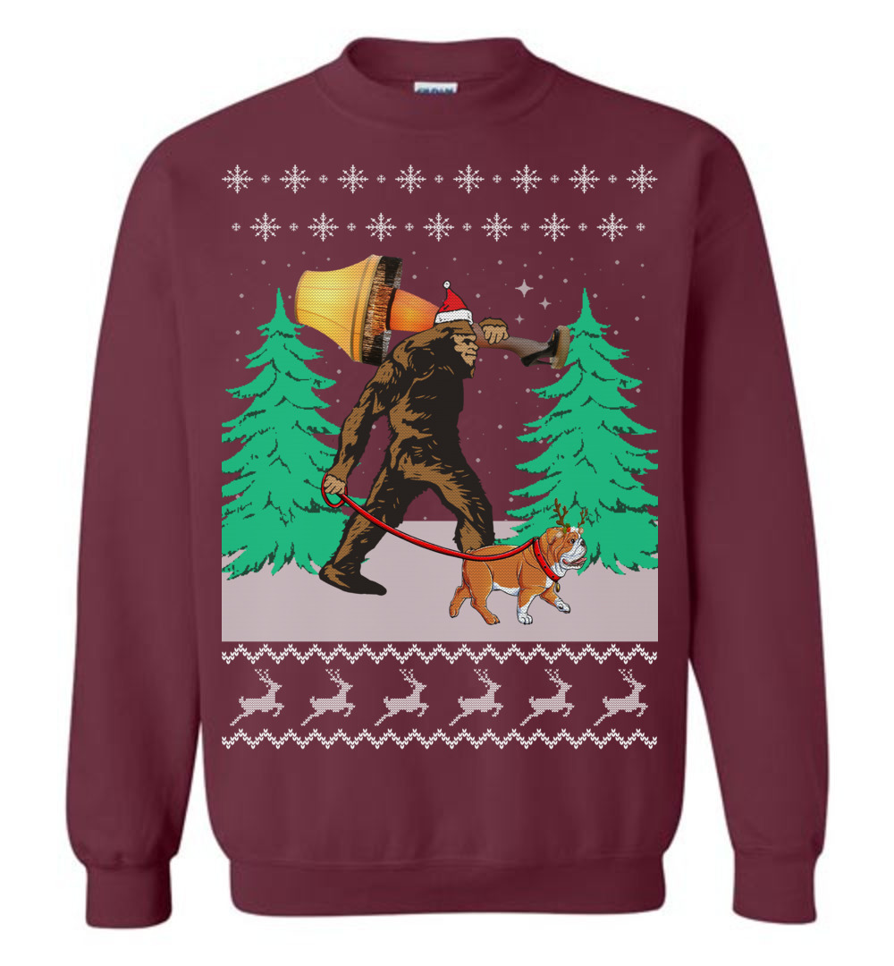Bigfoot Walking Bulldog Ugly Christmas Sweater