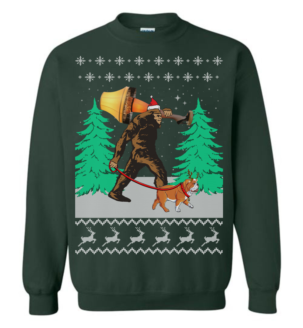 Bigfoot Walking Bulldog Ugly Christmas Sweater