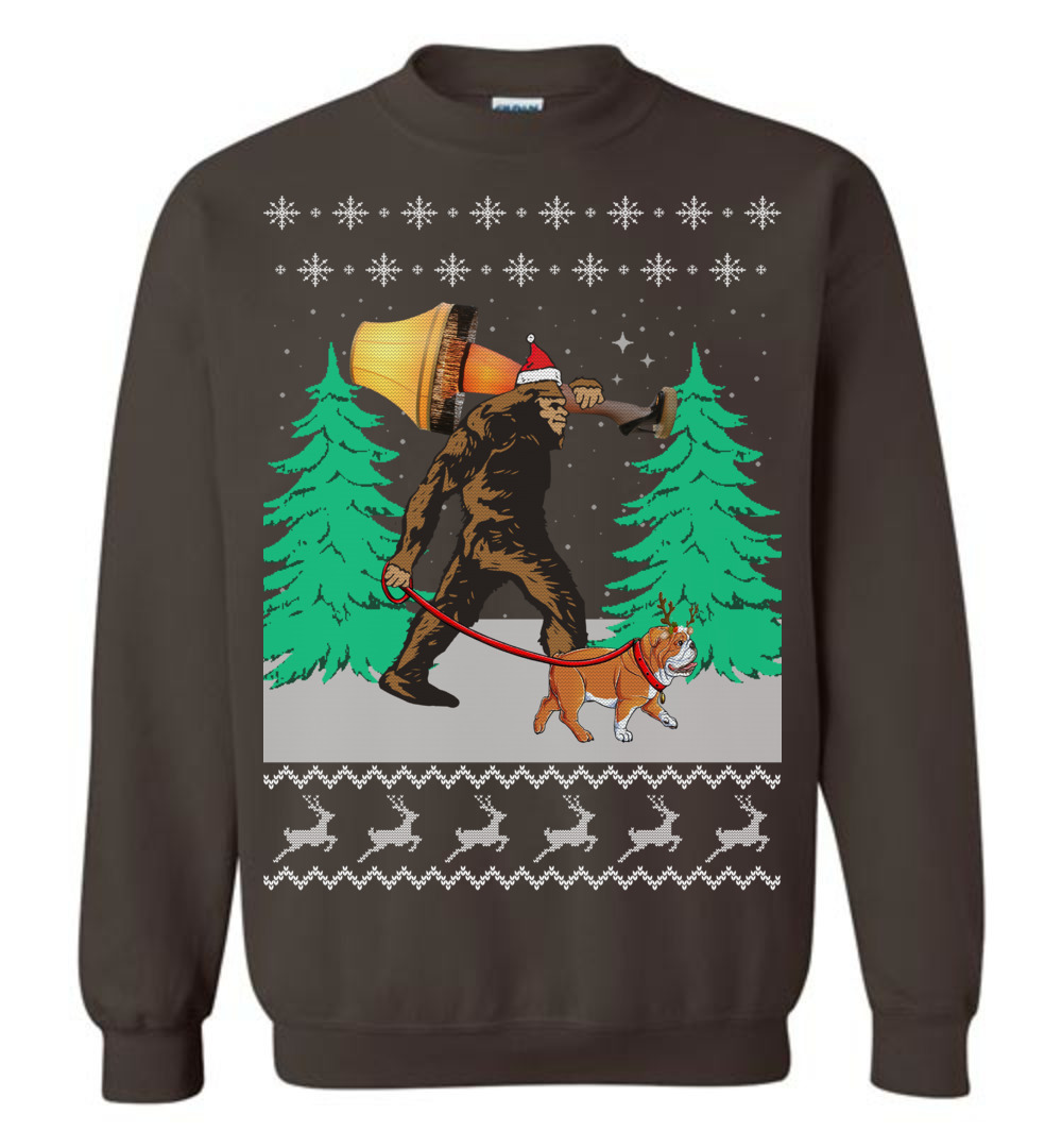 Bigfoot Walking Bulldog Ugly Christmas Sweater