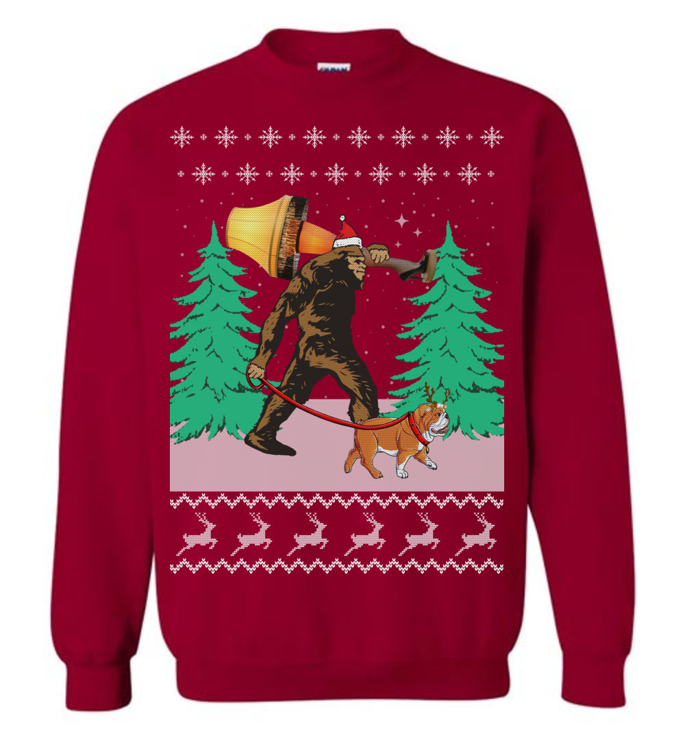 Bigfoot Walking Bulldog Ugly Christmas Sweater
