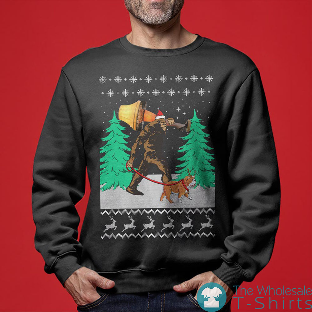 Bigfoot Walking Bulldog Ugly Christmas Sweater
