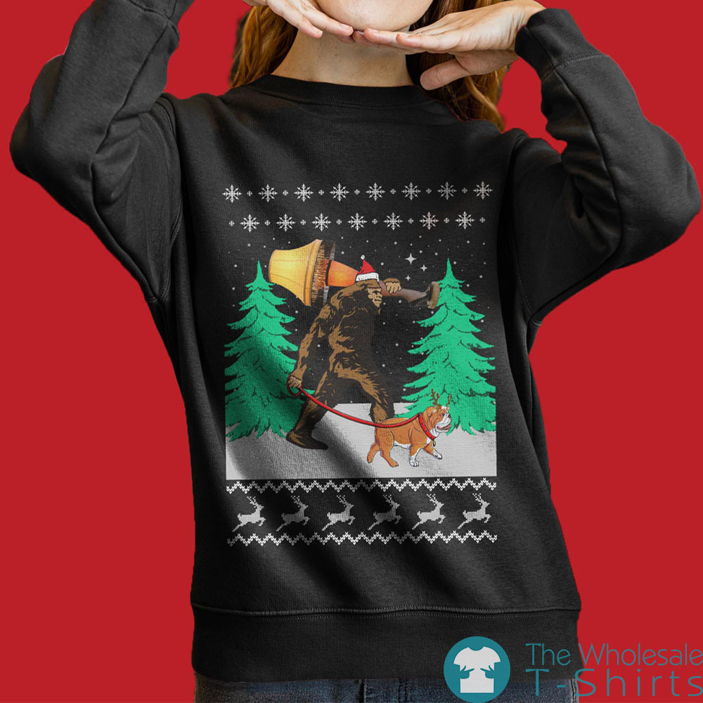 Bigfoot Walking Bulldog Ugly Christmas Sweater