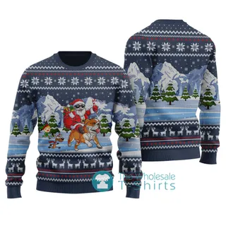 Santa Riding Bulldog Ugly Christmas Sweater Navy