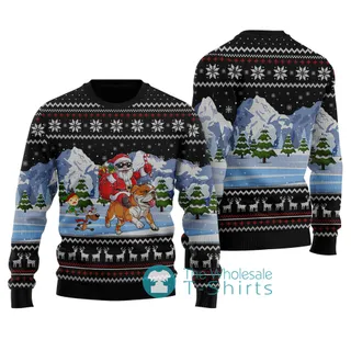 Santa Riding Bulldog Ugly Christmas Sweater Black