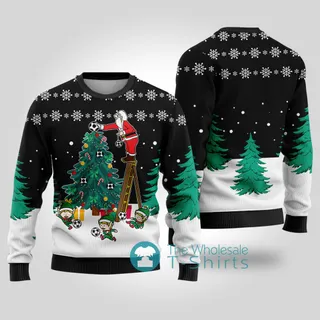 Santa Decorates Soccer Ball Ugly Christmas Sweater Black