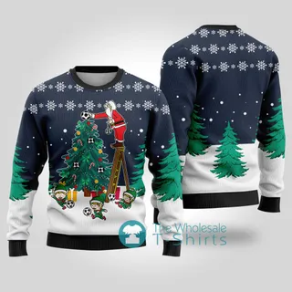 Santa Decorates Soccer Ball Ugly Christmas Sweater Navy